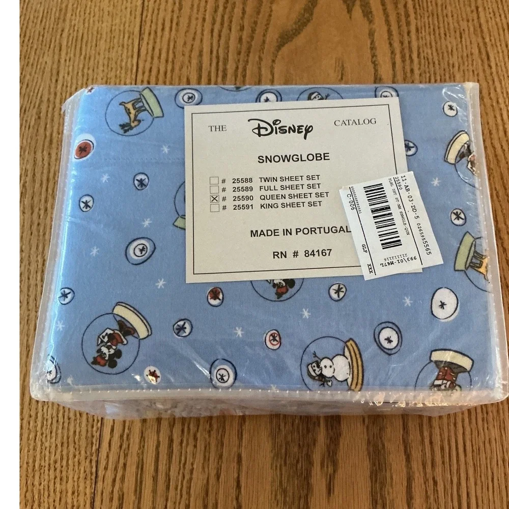 Disney Catalog Snowglobe Flannel Queen Sheet Set Mickey Pluto Blue Portugal NEW